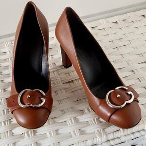Gucci Brown Leather Block Heel Pumps Logo Buckle Designer Office Party Shoes 7.5